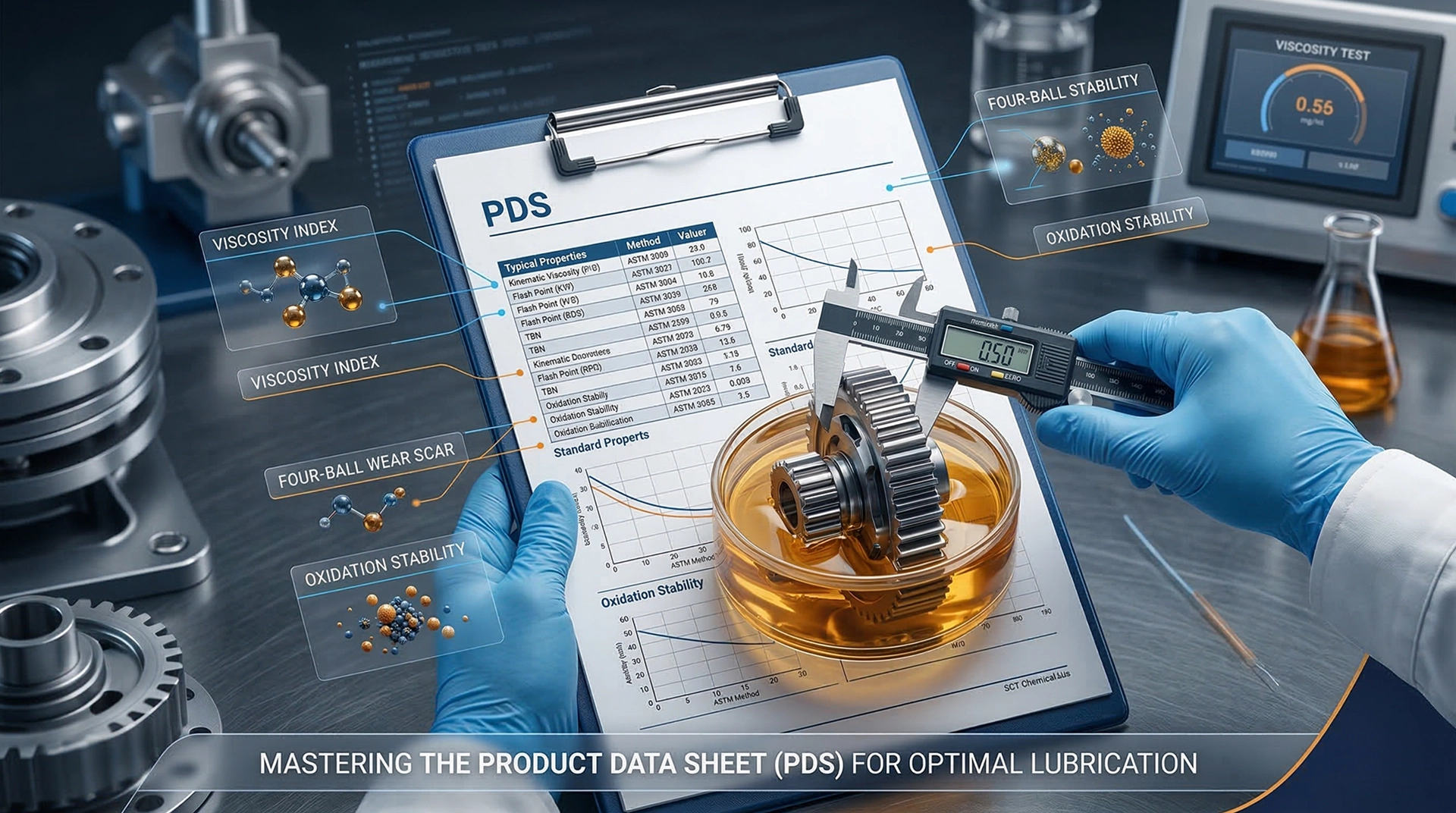Technical engineer analyzing a Lubricant Product Data Sheet (PDS) highlighting lubricant testing results.